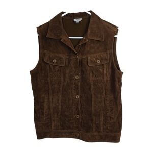 Think Tank Brown Suede Leather Vest Womens L Western Y2K Boho Button Front